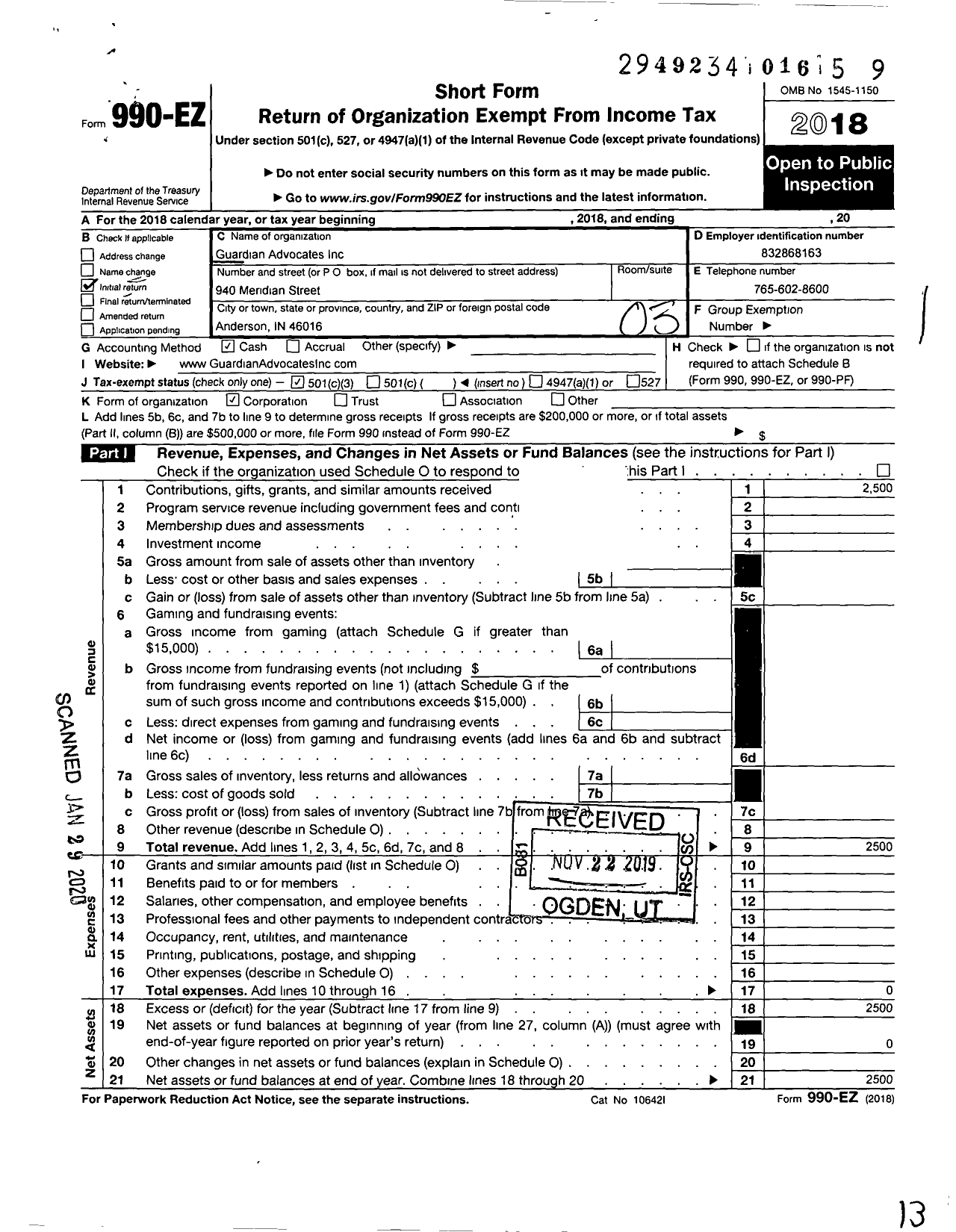 Image of first page of 2018 Form 990EZ for Guardian Advocates Inc Guardian Advocates-West & -East