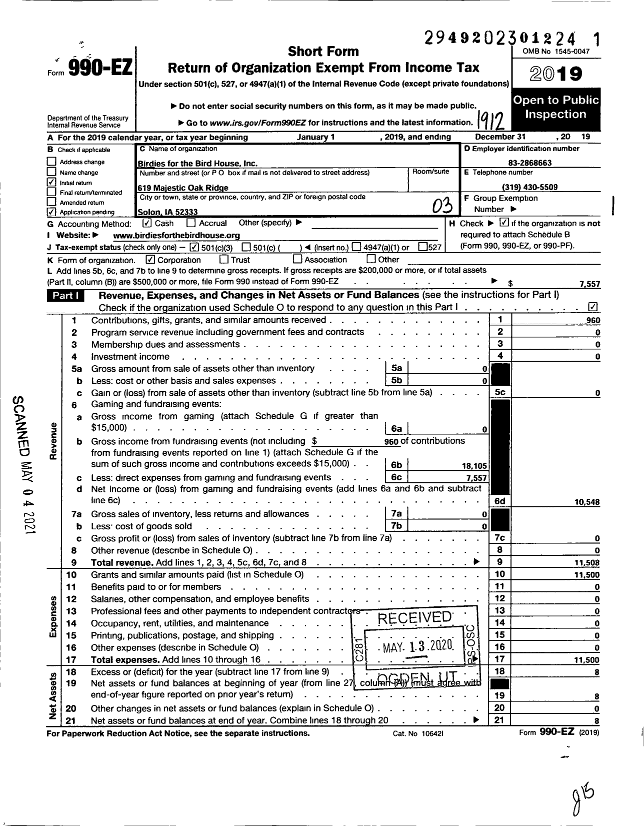 Image of first page of 2019 Form 990EZ for Birdies for the Bird House