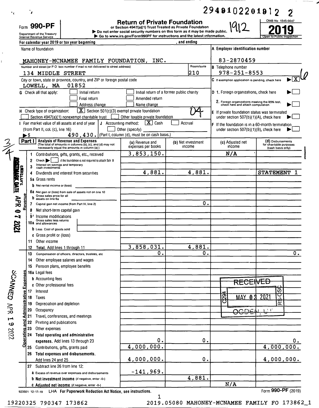 Image of first page of 2019 Form 990PF for Mahoney-Mcnamee Family Foundation