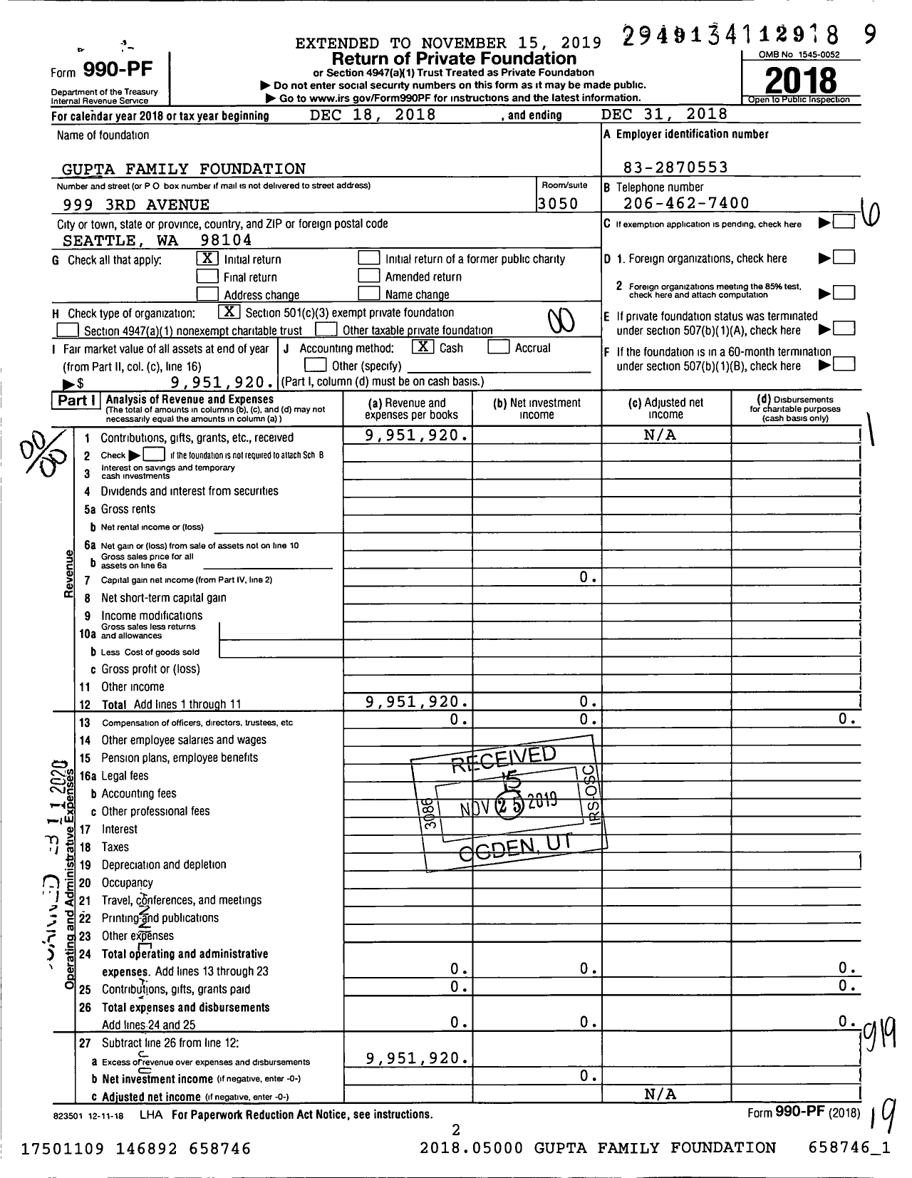 Image of first page of 2018 Form 990PF for Gupta Family Foundation