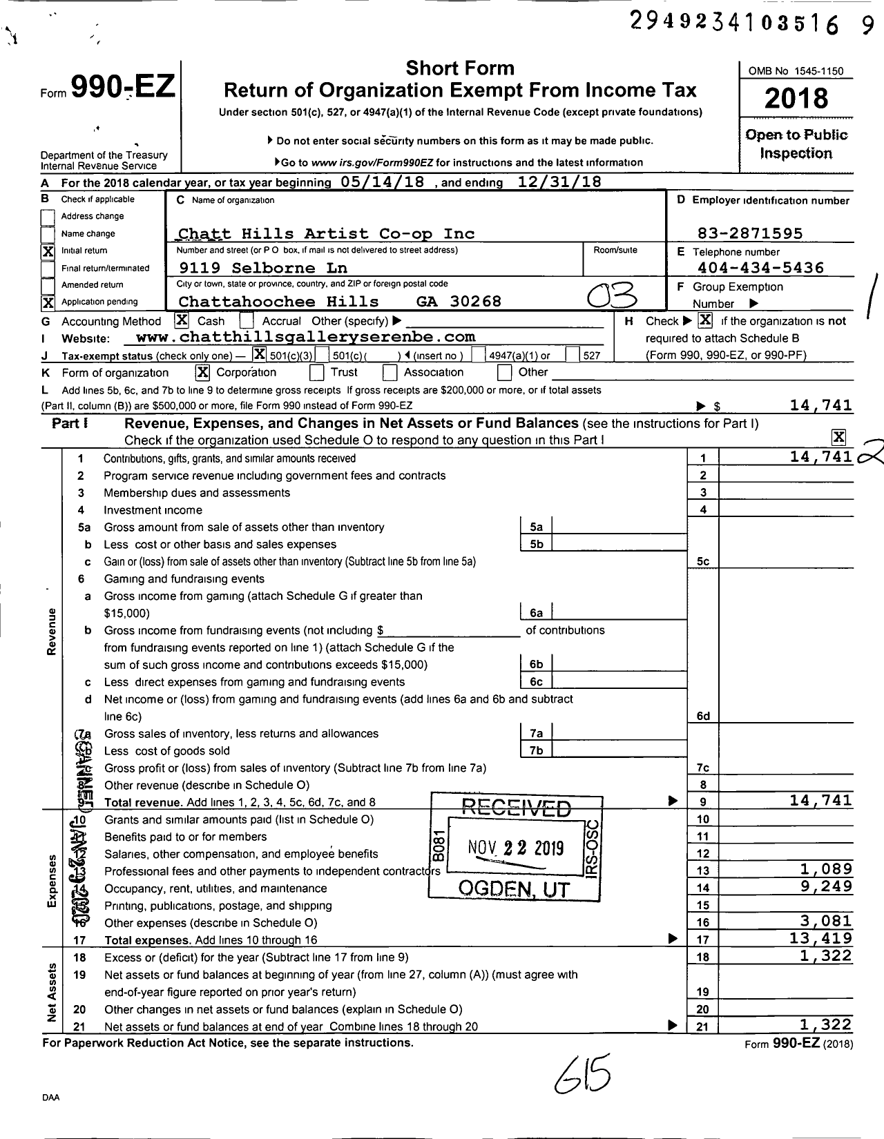 Image of first page of 2018 Form 990EZ for Chatt Hills Artist Co-Op