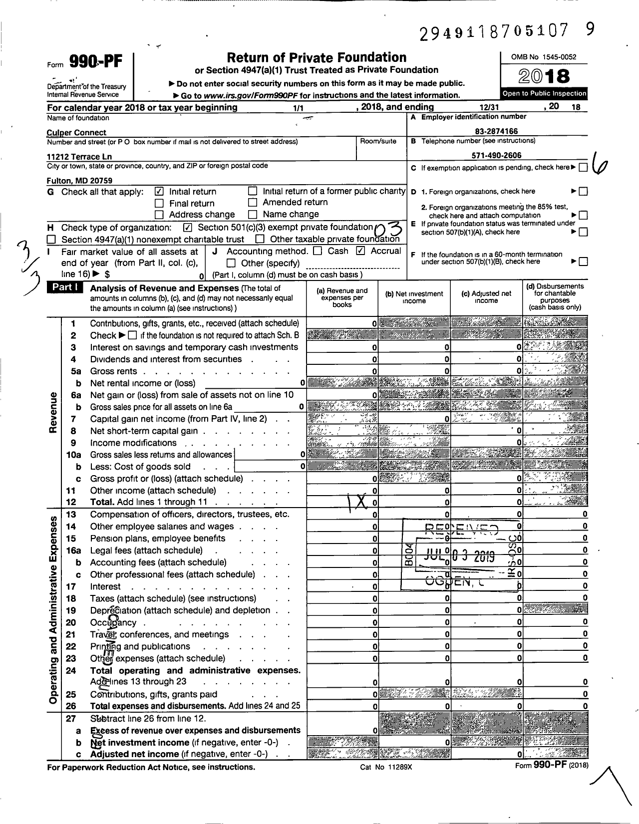 Image of first page of 2018 Form 990PF for Culper Connect