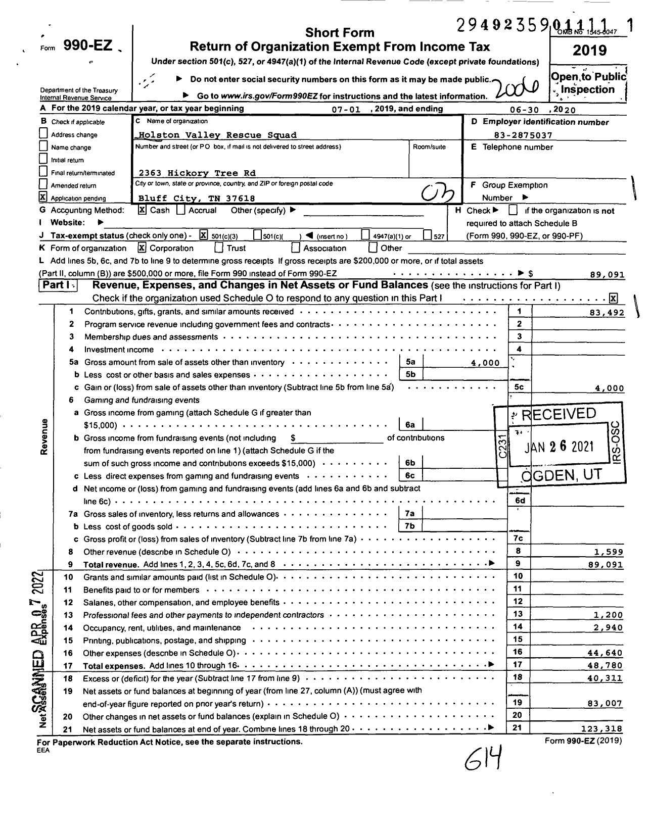 Image of first page of 2019 Form 990EZ for Holston Valley Rescue Squad