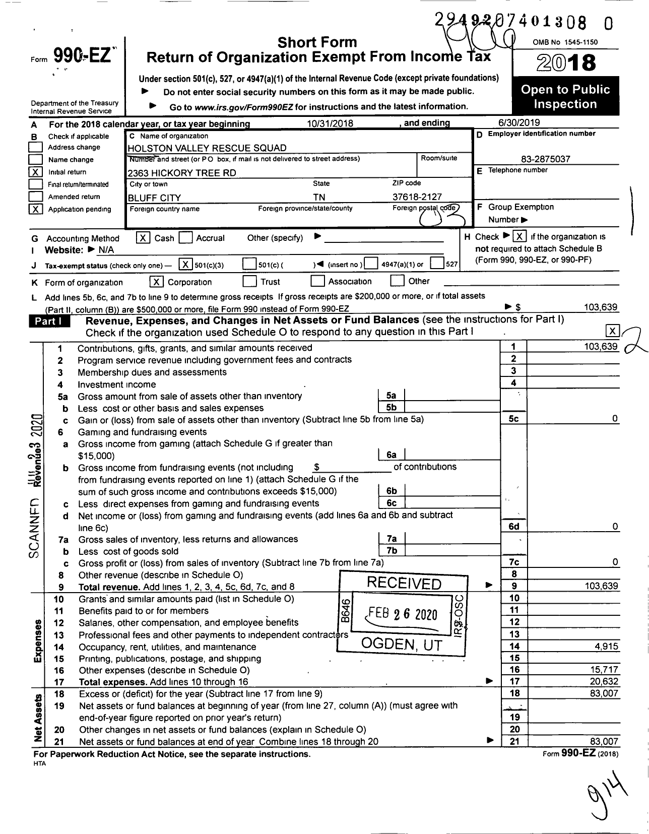 Image of first page of 2018 Form 990EZ for Holston Valley Rescue Squad