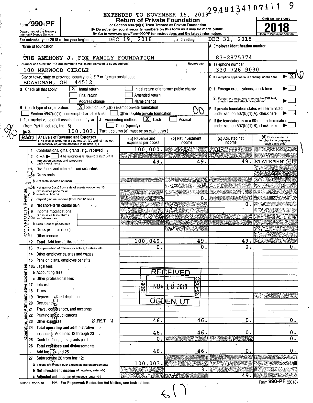 Image of first page of 2018 Form 990PF for The Anthony J Fox Family Foundation