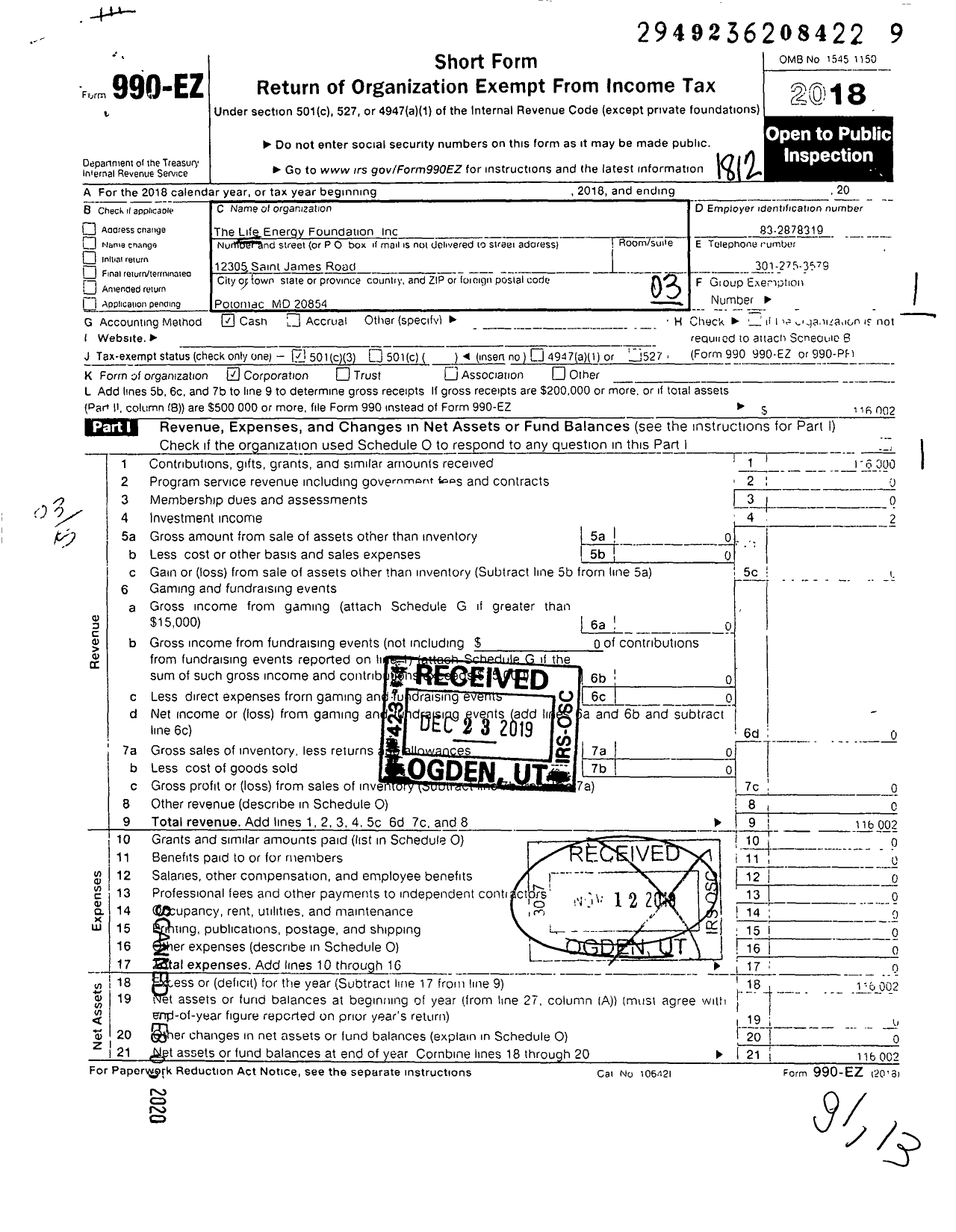 Image of first page of 2018 Form 990EZ for The Life Energy Foundation