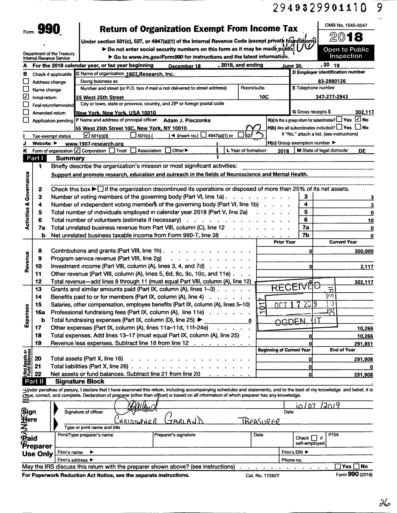 Image of first page of 2018 Form 990 for 1907 Foundation International