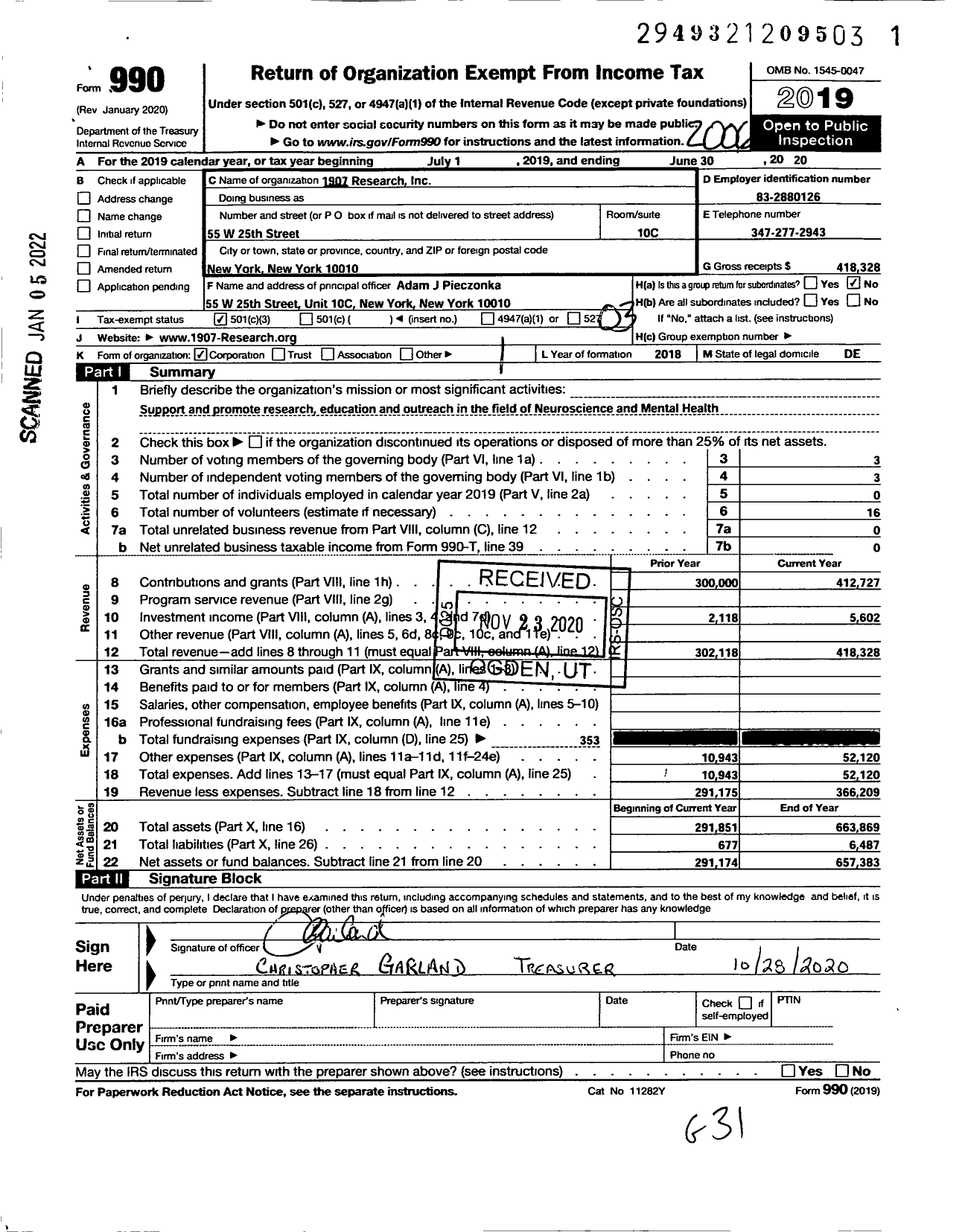 Image of first page of 2019 Form 990 for 1907 Foundation International