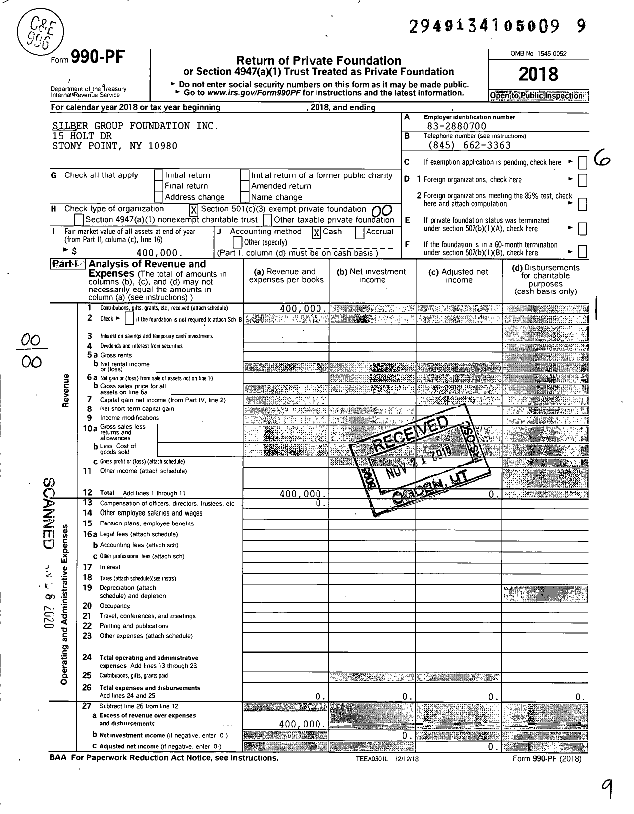 Image of first page of 2018 Form 990PF for Silber Group Foundation