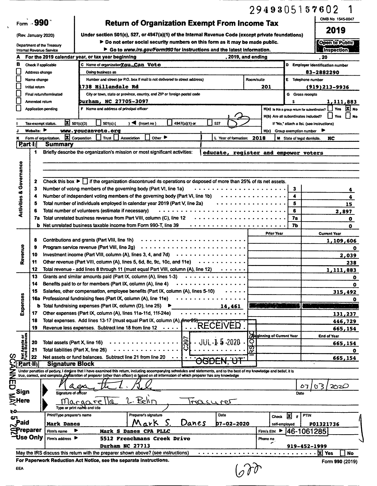 Image of first page of 2019 Form 990 for You Can Vote