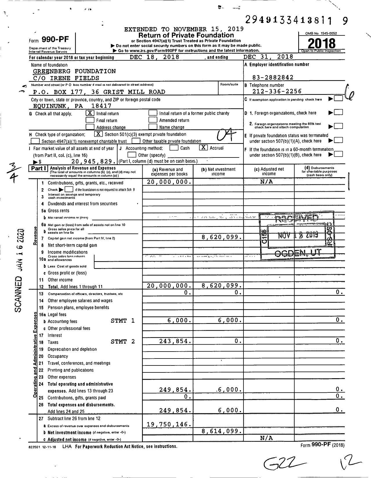 Image of first page of 2018 Form 990PF for Greenberg Foundation