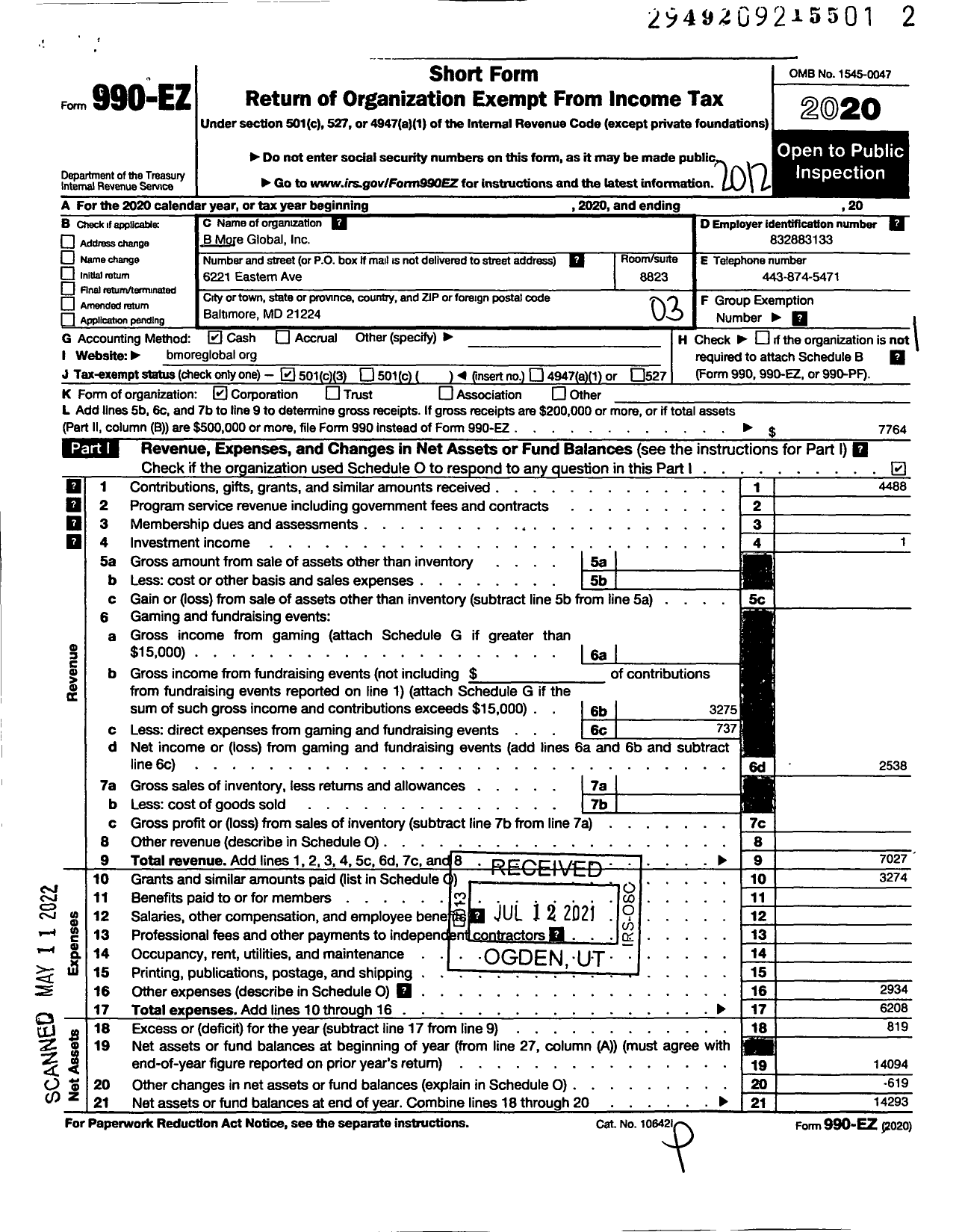 Image of first page of 2020 Form 990EZ for B More Global