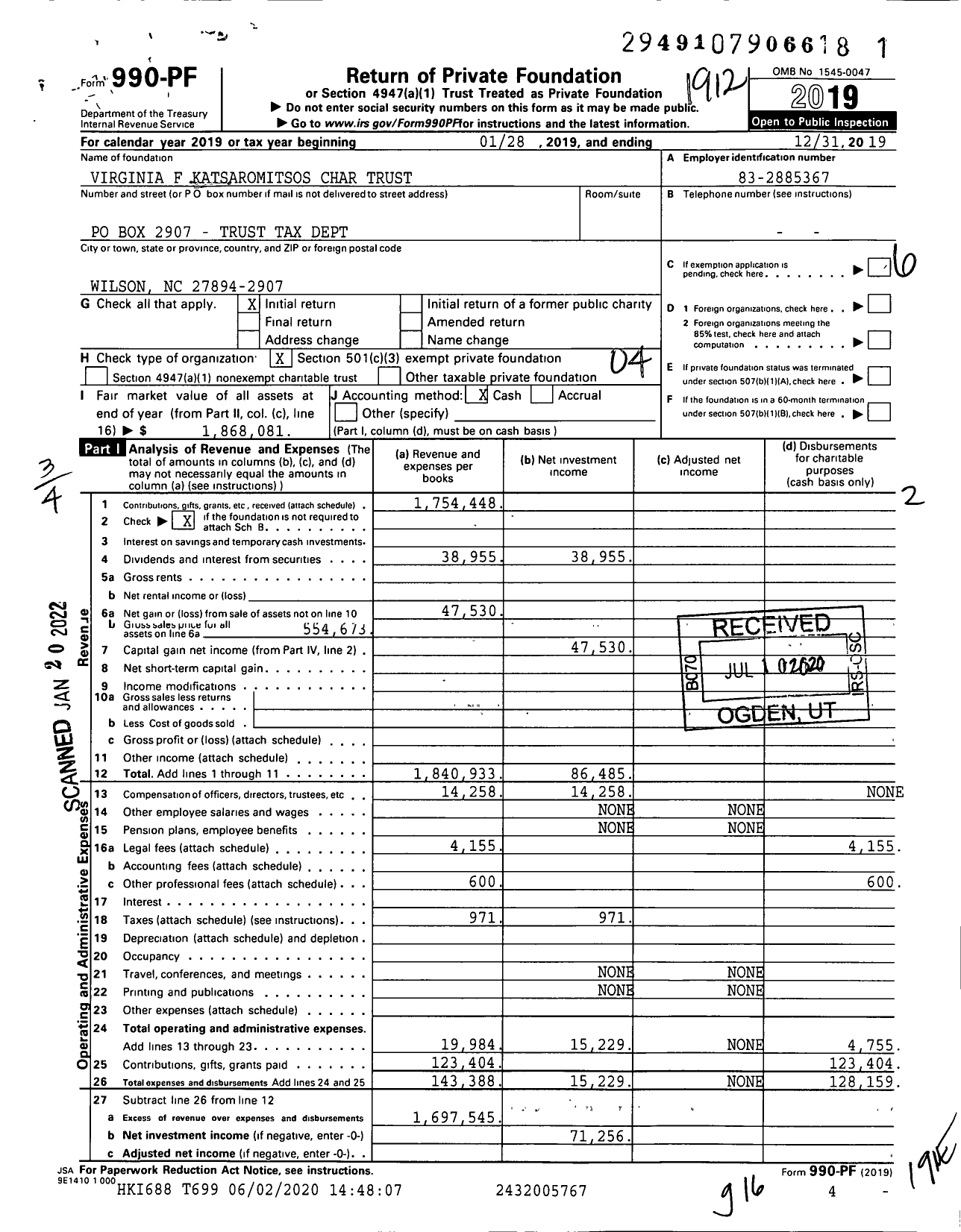 Image of first page of 2019 Form 990PF for Virginia F Katsaromitsos Char Trust