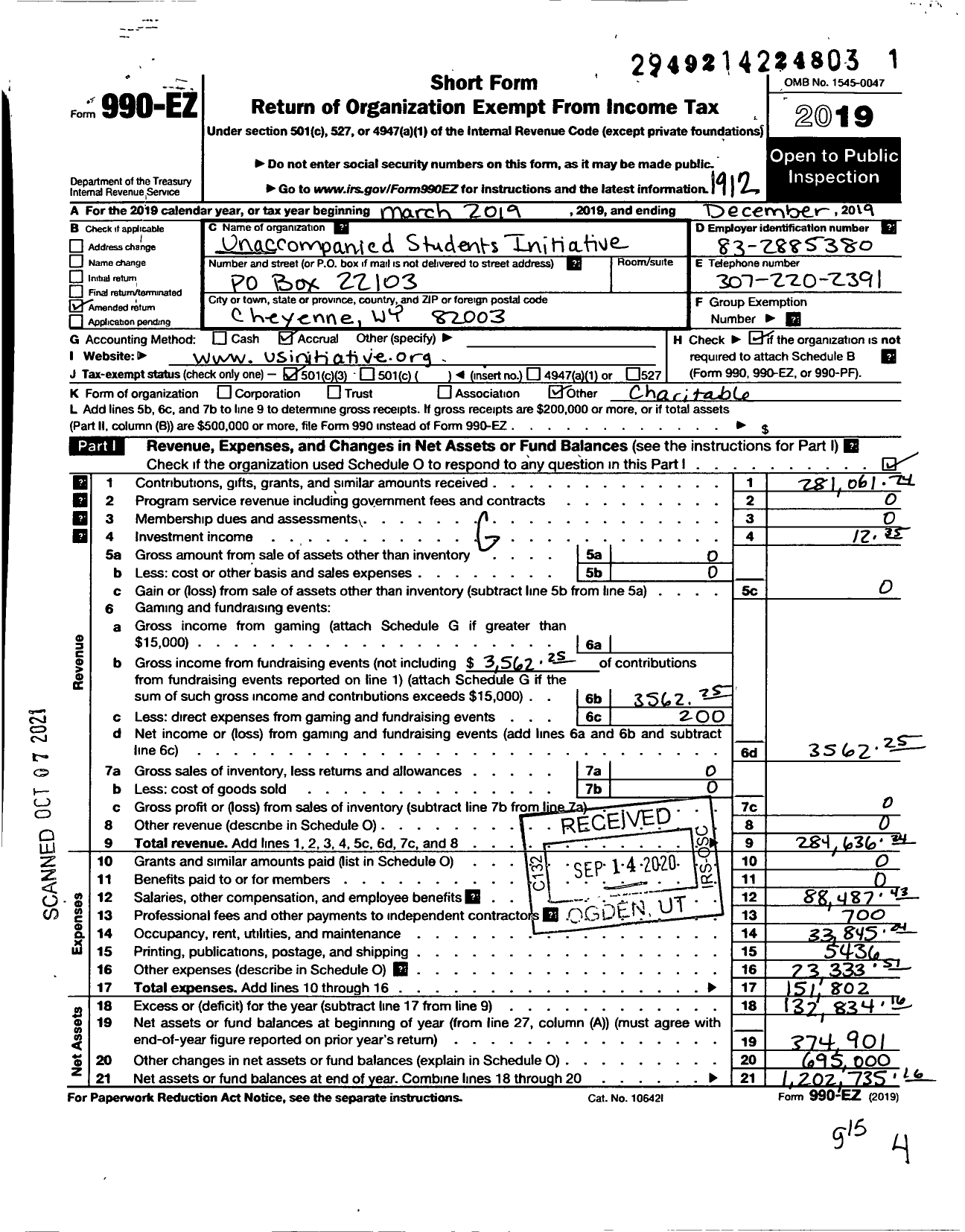 Image of first page of 2019 Form 990EZ for Unaccompanied Students Initiative