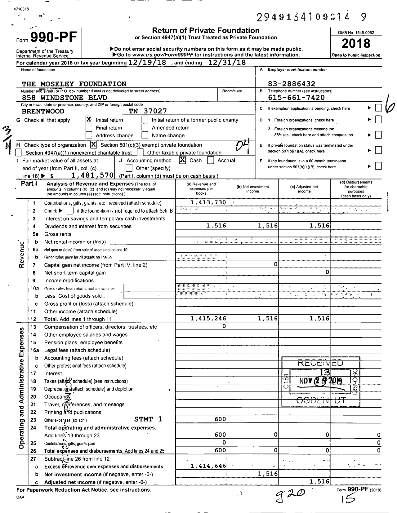 Image of first page of 2018 Form 990PF for The Moseley Foundation