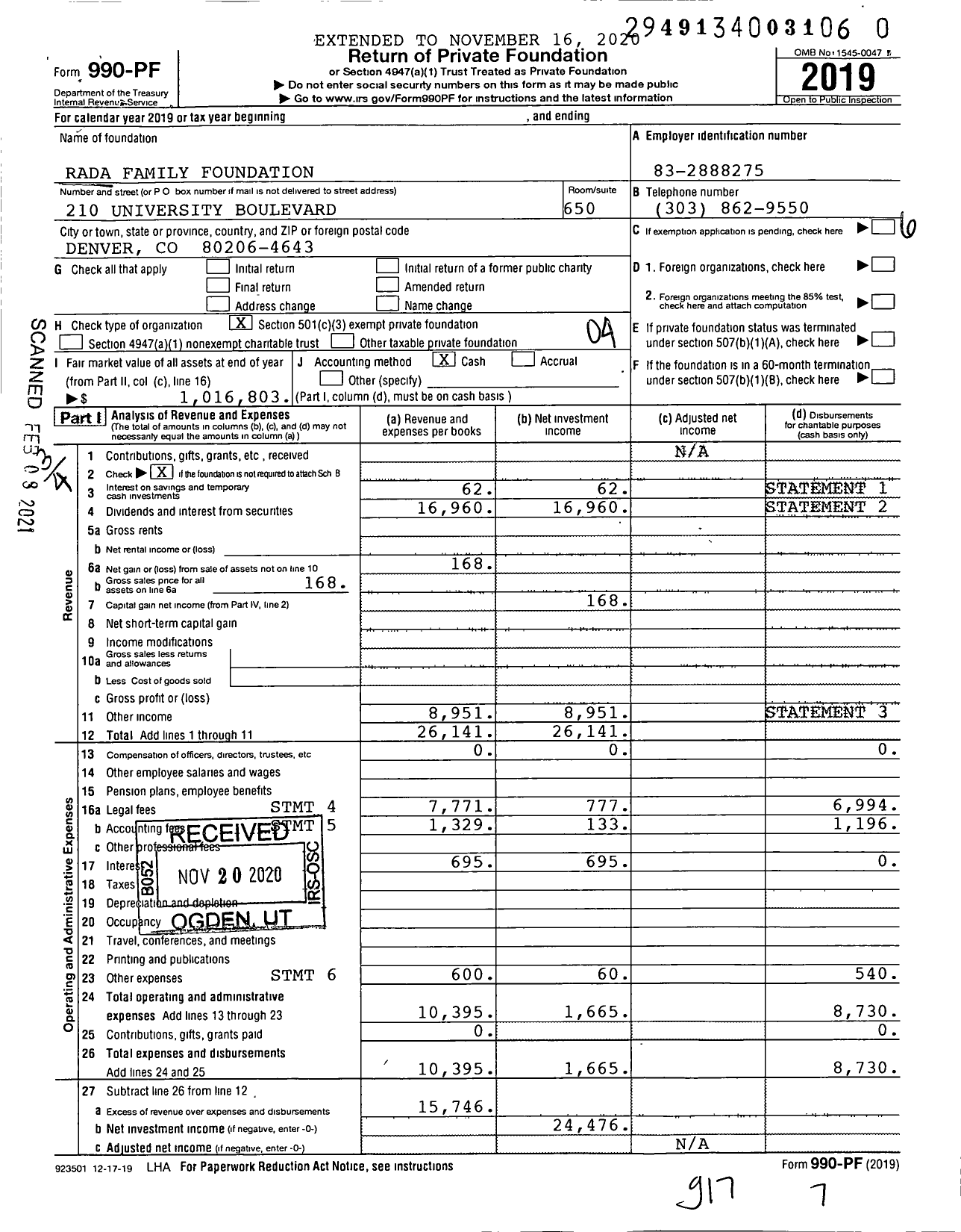 Image of first page of 2019 Form 990PF for Rada Family Foundation