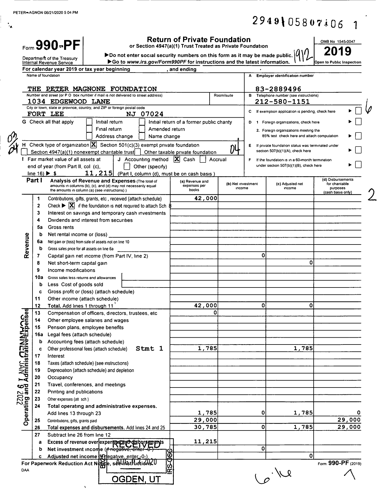 Image of first page of 2019 Form 990PF for The Peter Magnone Foundation