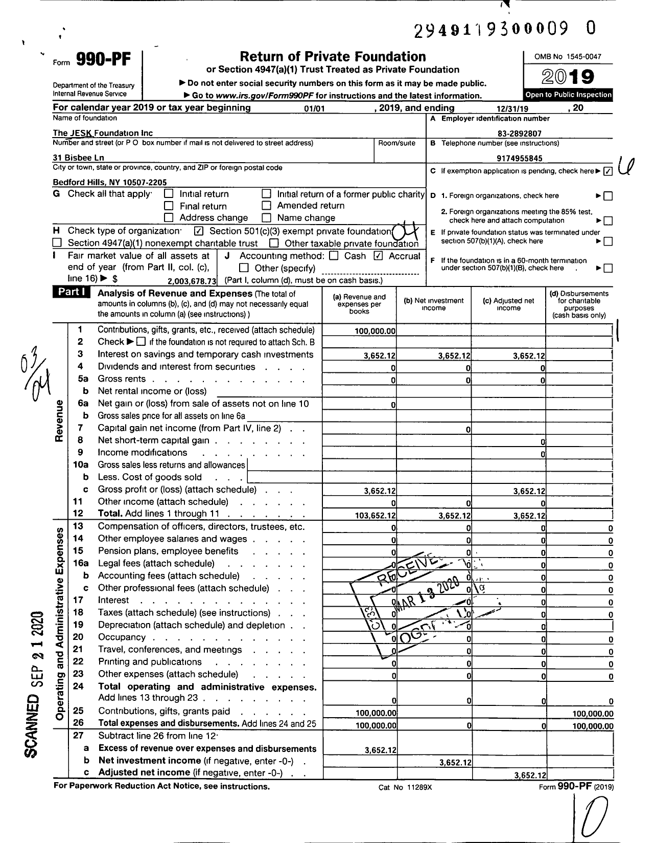 Image of first page of 2019 Form 990PR for The JESK Foundation