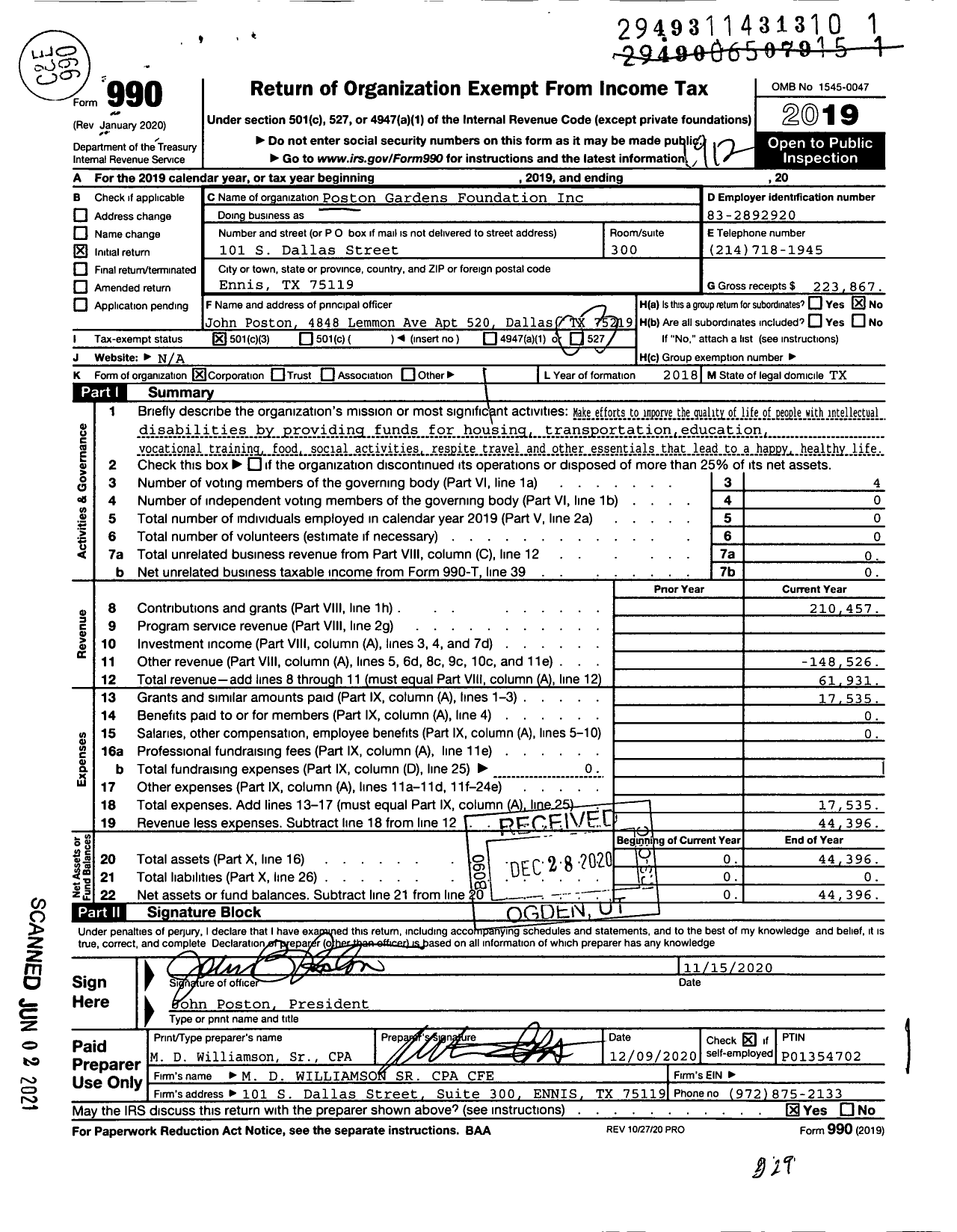 Image of first page of 2019 Form 990 for Poston Gardens Foundation