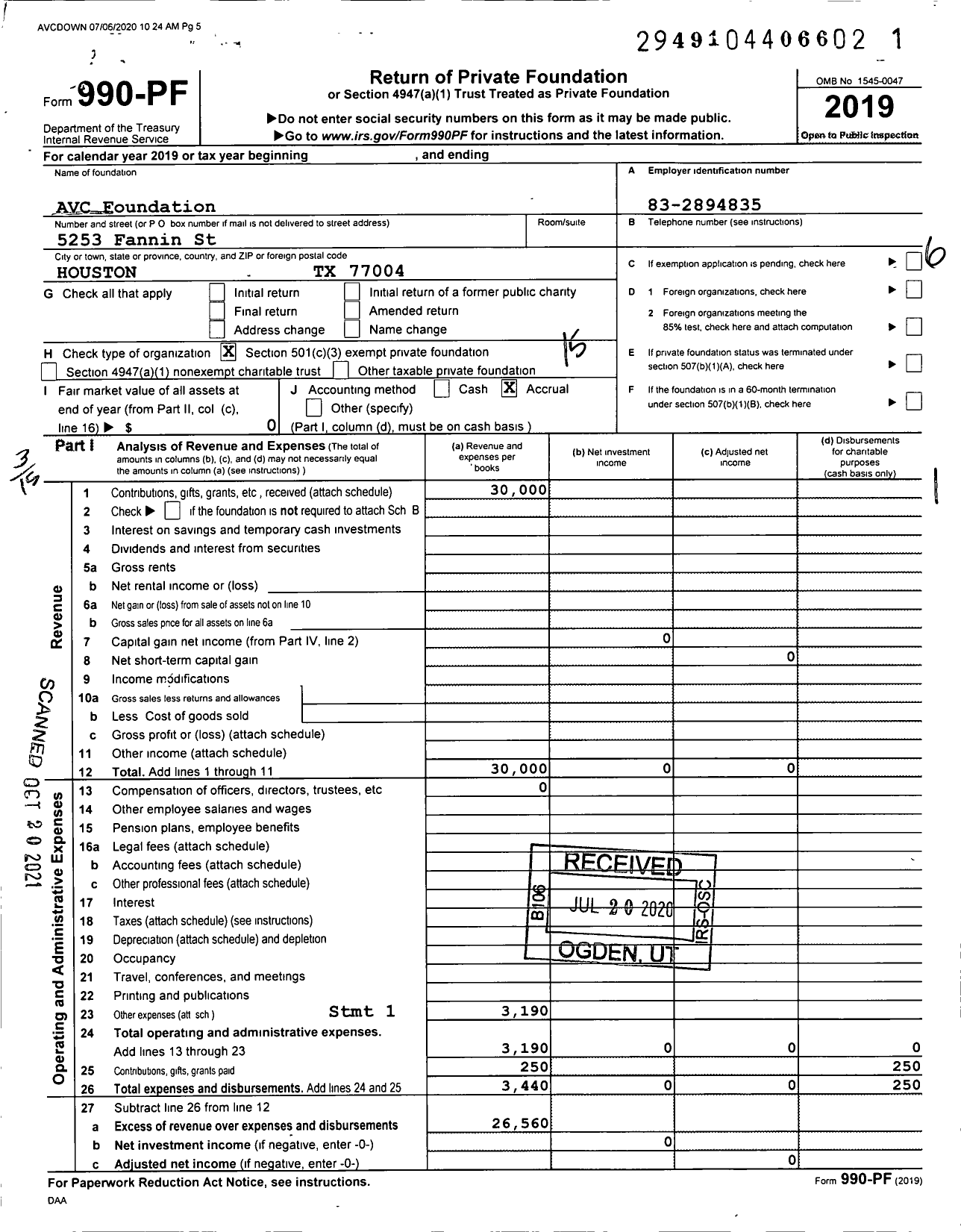 Image of first page of 2019 Form 990PF for Avc Foundation