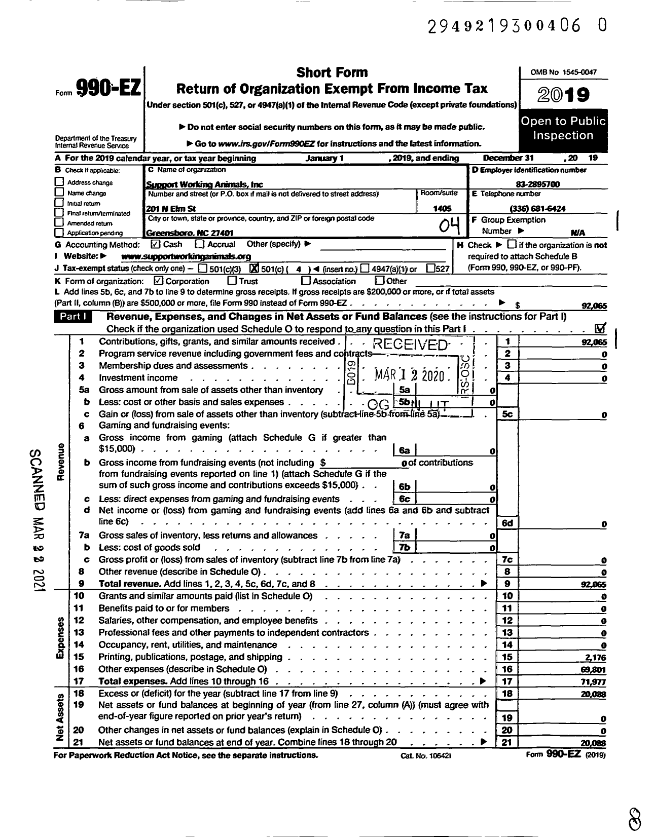 Image of first page of 2019 Form 990EO for Support Working Animals