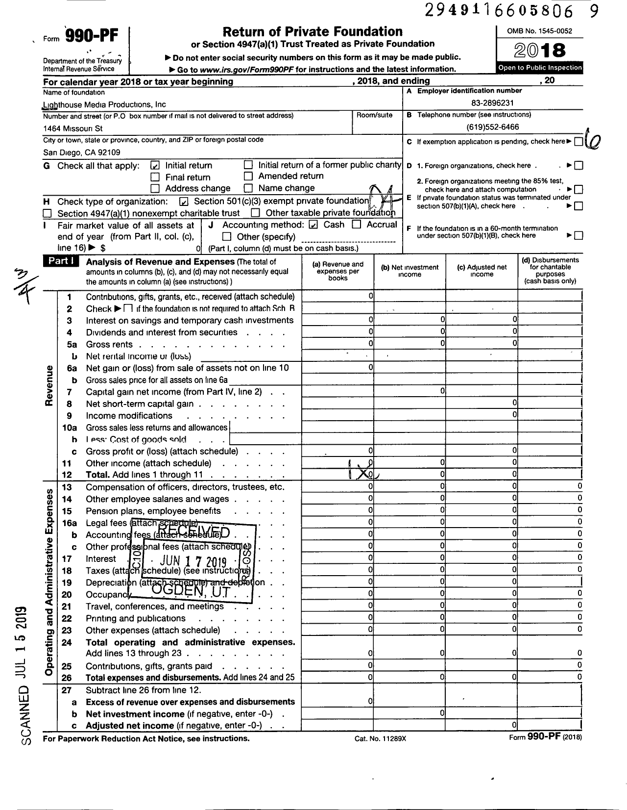 Image of first page of 2018 Form 990PF for Lighthouse Media Productions