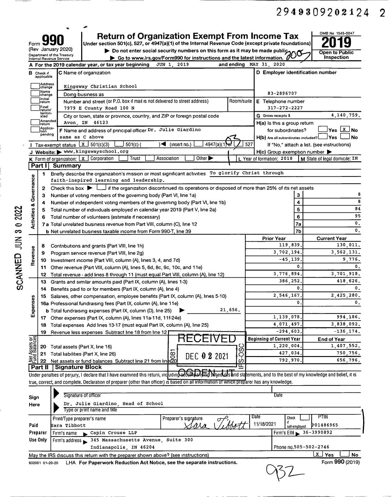 Image of first page of 2019 Form 990 for Indianapolis Christian School System