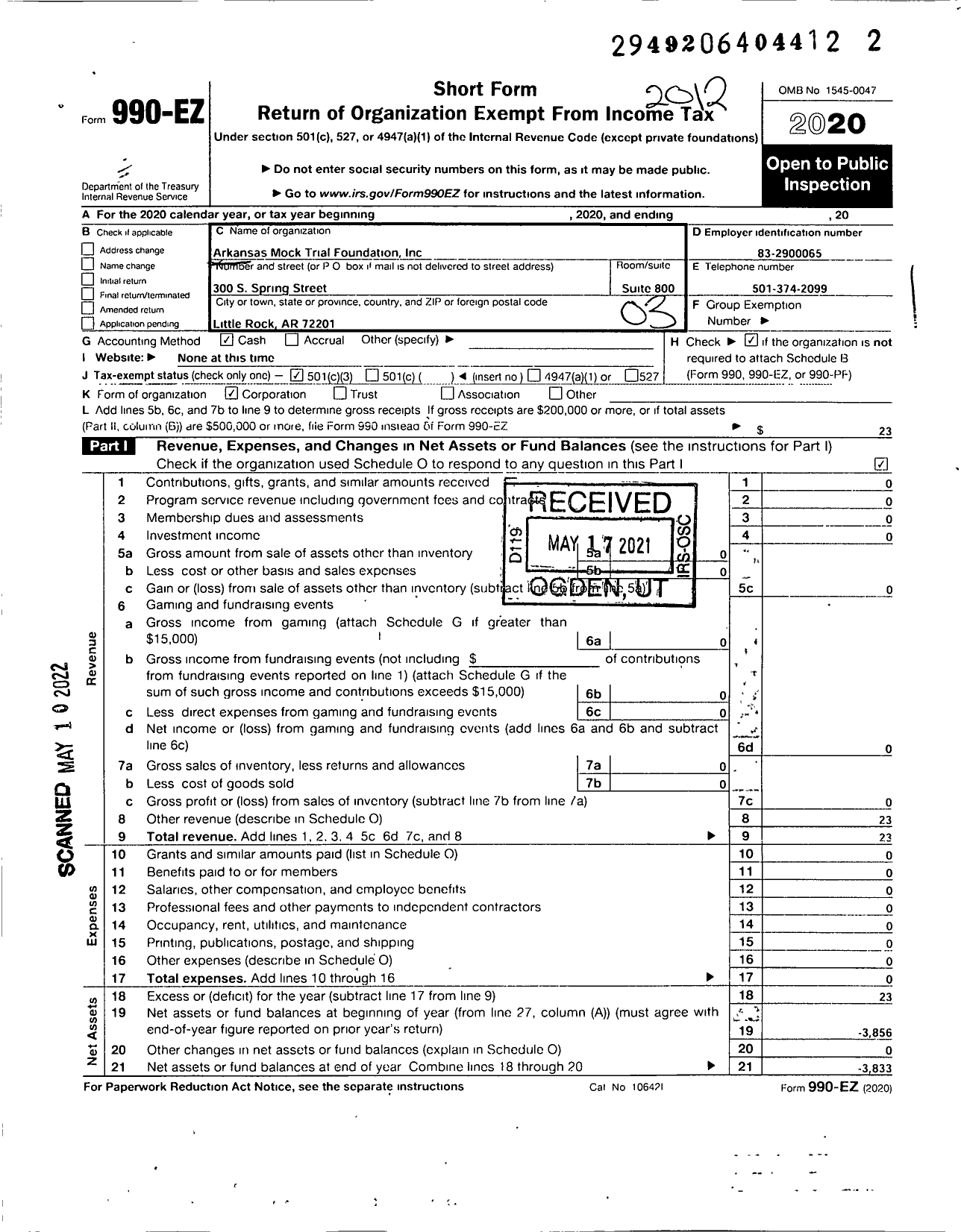 Image of first page of 2020 Form 990EZ for Arkansas Mock Trial Foundation