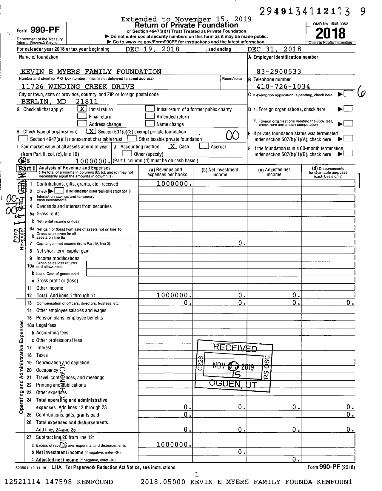 Image of first page of 2018 Form 990PF for Kevin E Myers Family Foundation