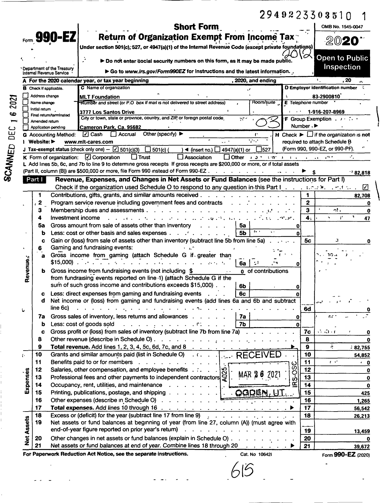 Image of first page of 2020 Form 990EZ for MLT Foundation