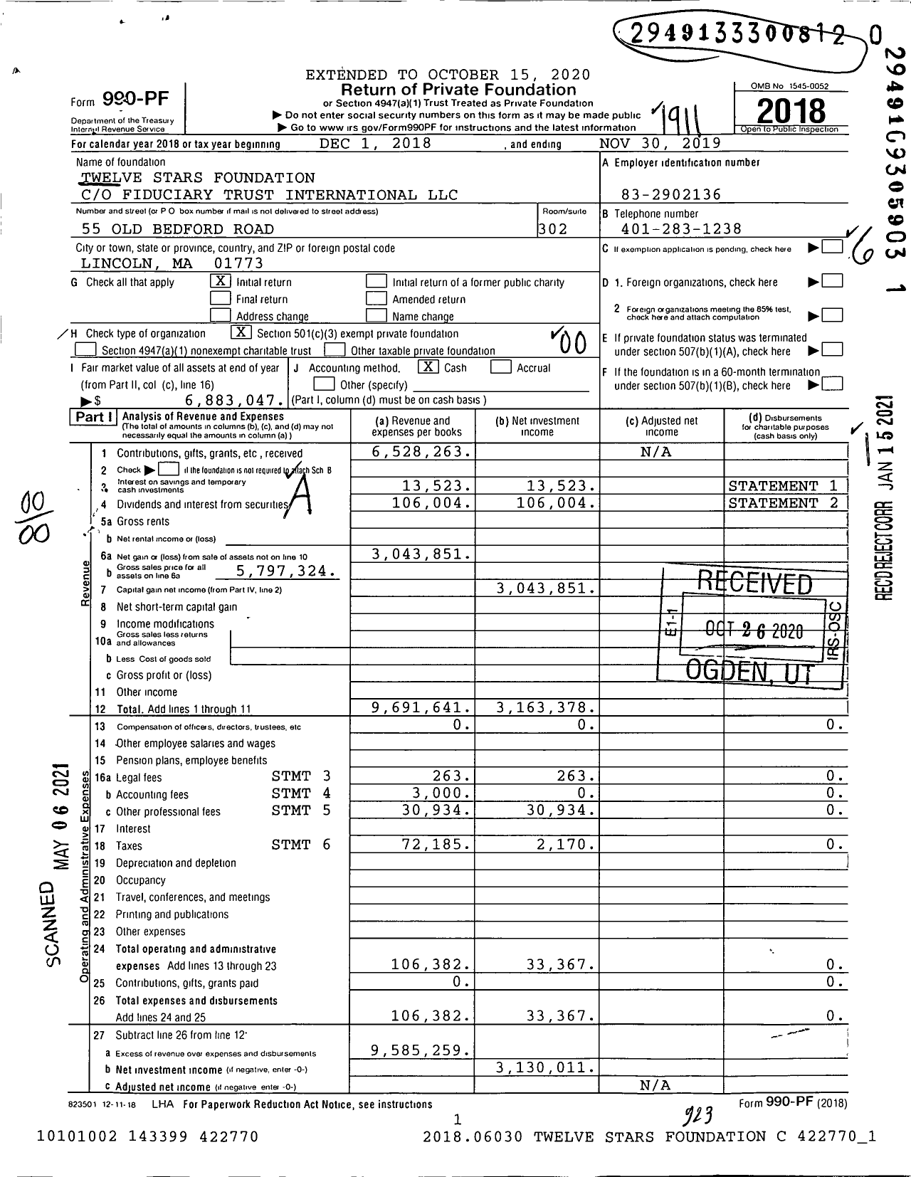 Image of first page of 2018 Form 990PF for Twelve Stars Foundation