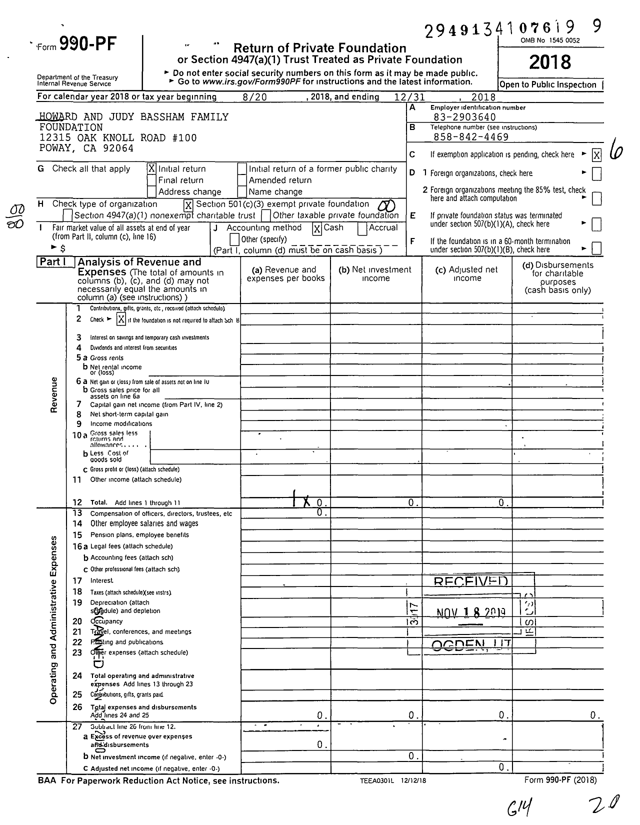 Image of first page of 2018 Form 990PF for Howard and Judy Bassham Family Foundation