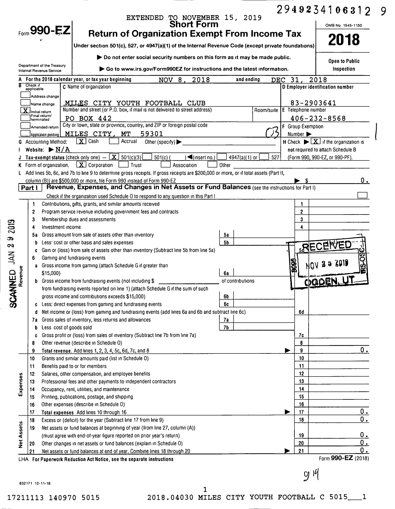 Image of first page of 2018 Form 990EZ for Miles City Youth Football Club