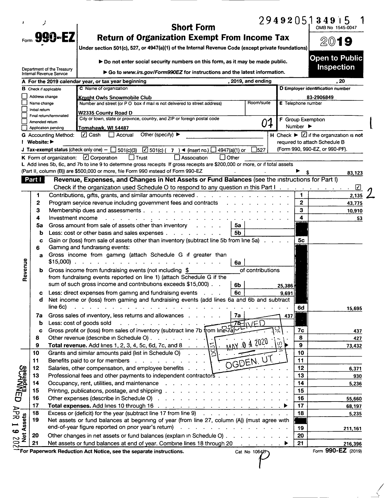 Image of first page of 2019 Form 990EO for Knight Owls Snowmobile Club