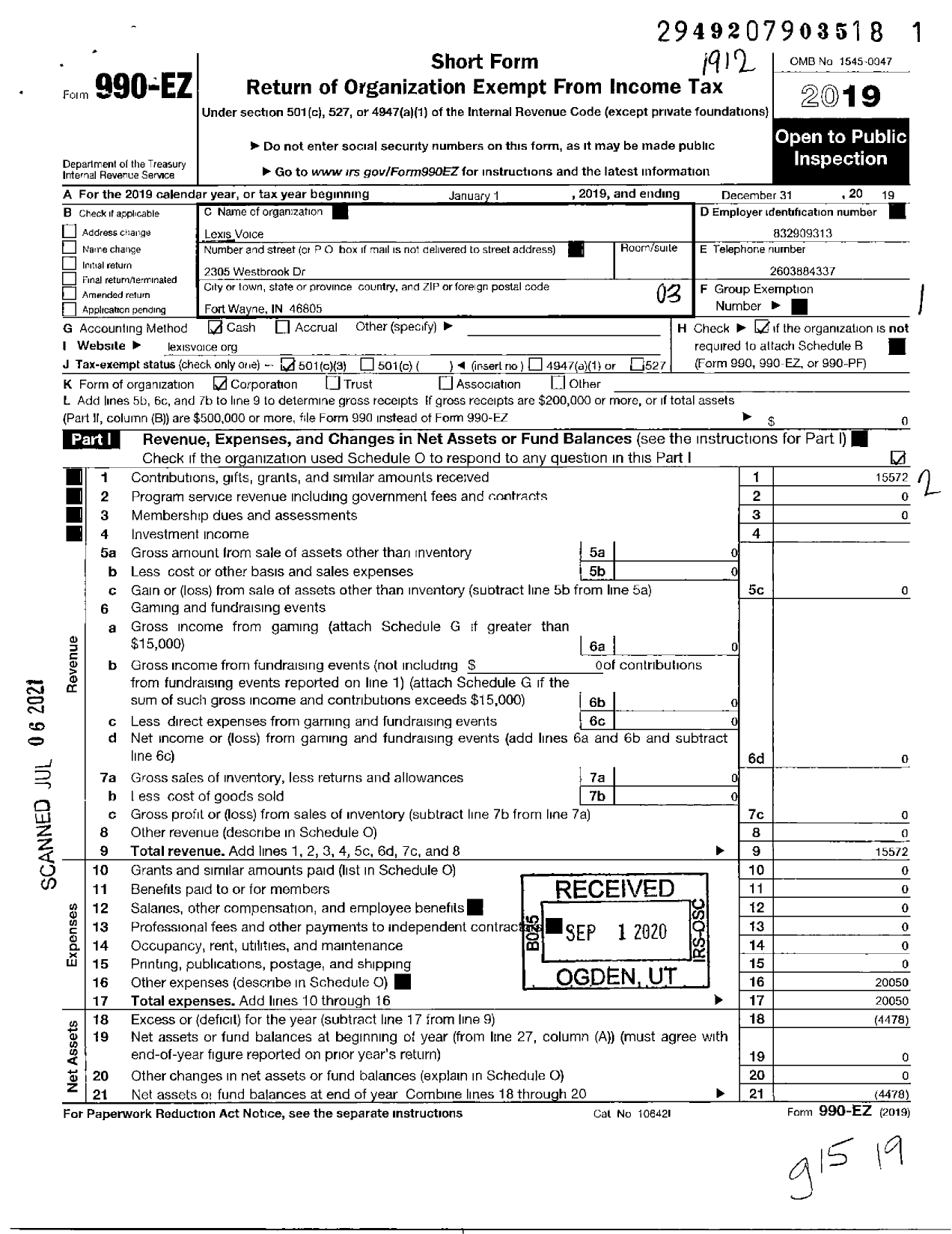 Image of first page of 2019 Form 990EZ for Lexis Voice