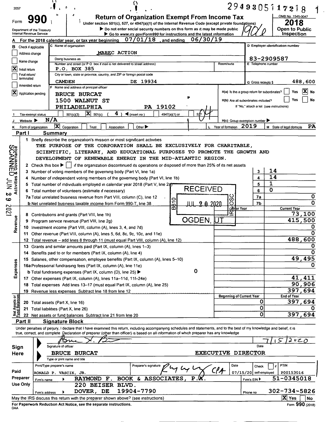 Image of first page of 2018 Form 990O for Marec Action