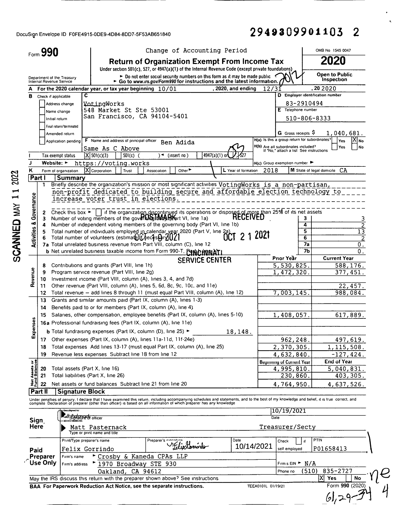 Image of first page of 2020 Form 990 for VotingWorks
