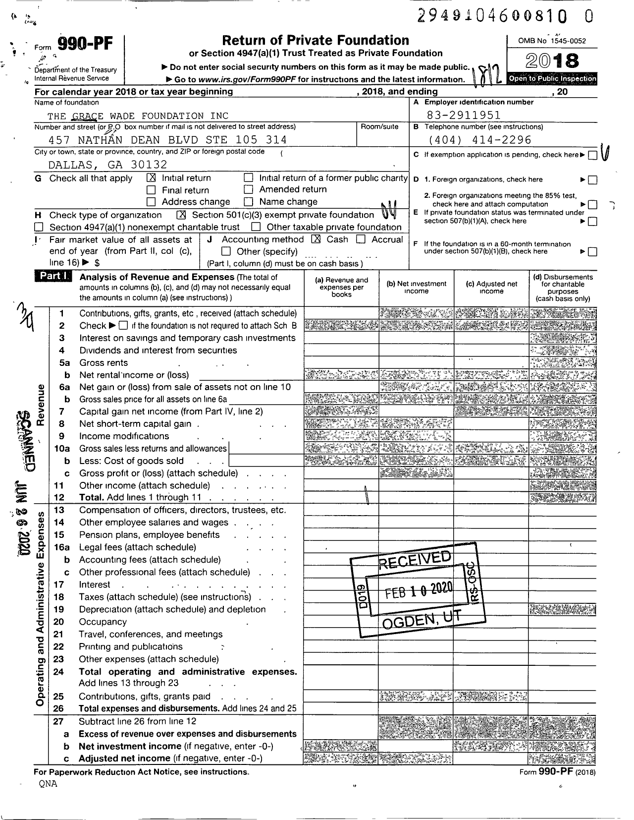 Image of first page of 2018 Form 990PR for Grace Wade Foundation