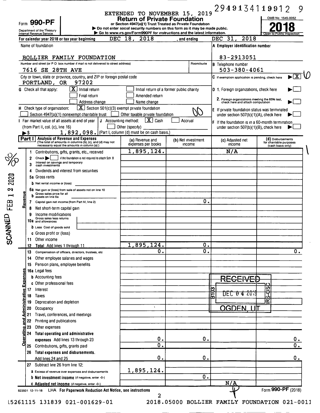 Image of first page of 2018 Form 990PF for Bollier Family Foundation