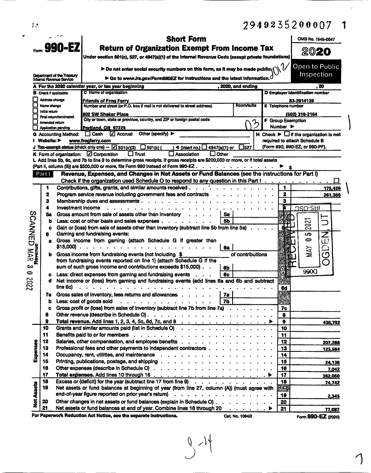 Image of first page of 2020 Form 990EZ for Friends of Frog Ferry