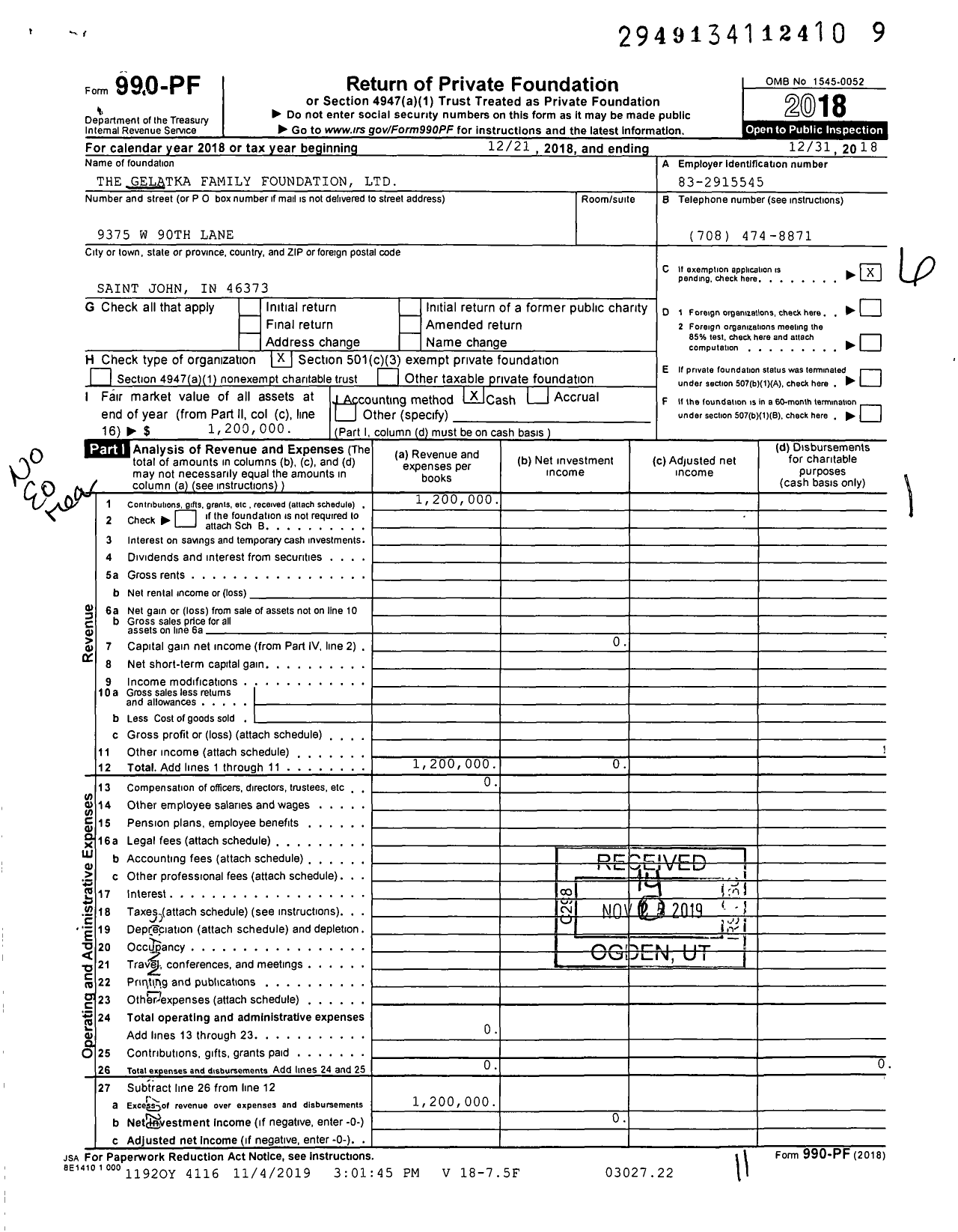 Image of first page of 2018 Form 990PF for The Gelatka Family Foundation