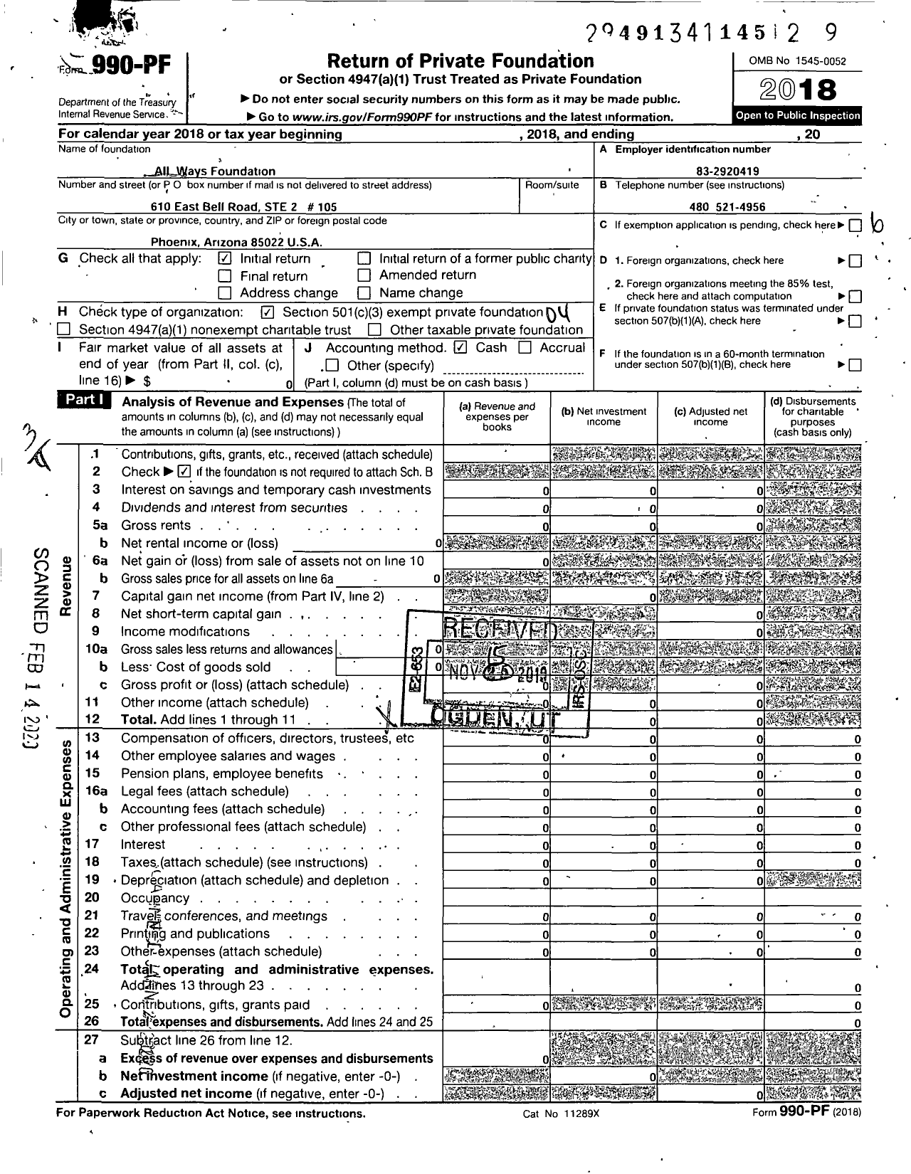 Image of first page of 2018 Form 990PF for All Ways Foundation