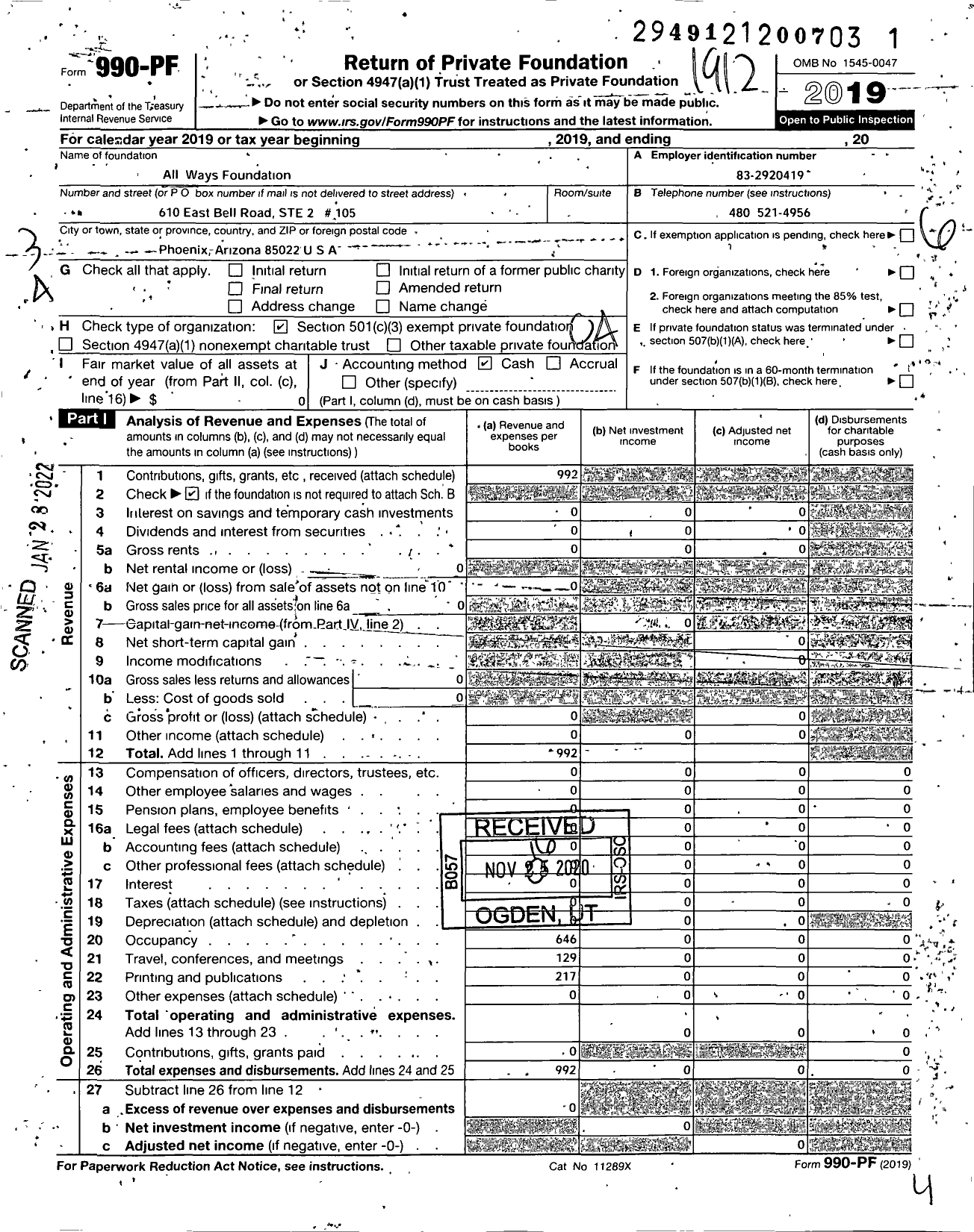 Image of first page of 2019 Form 990PF for All Ways Foundation