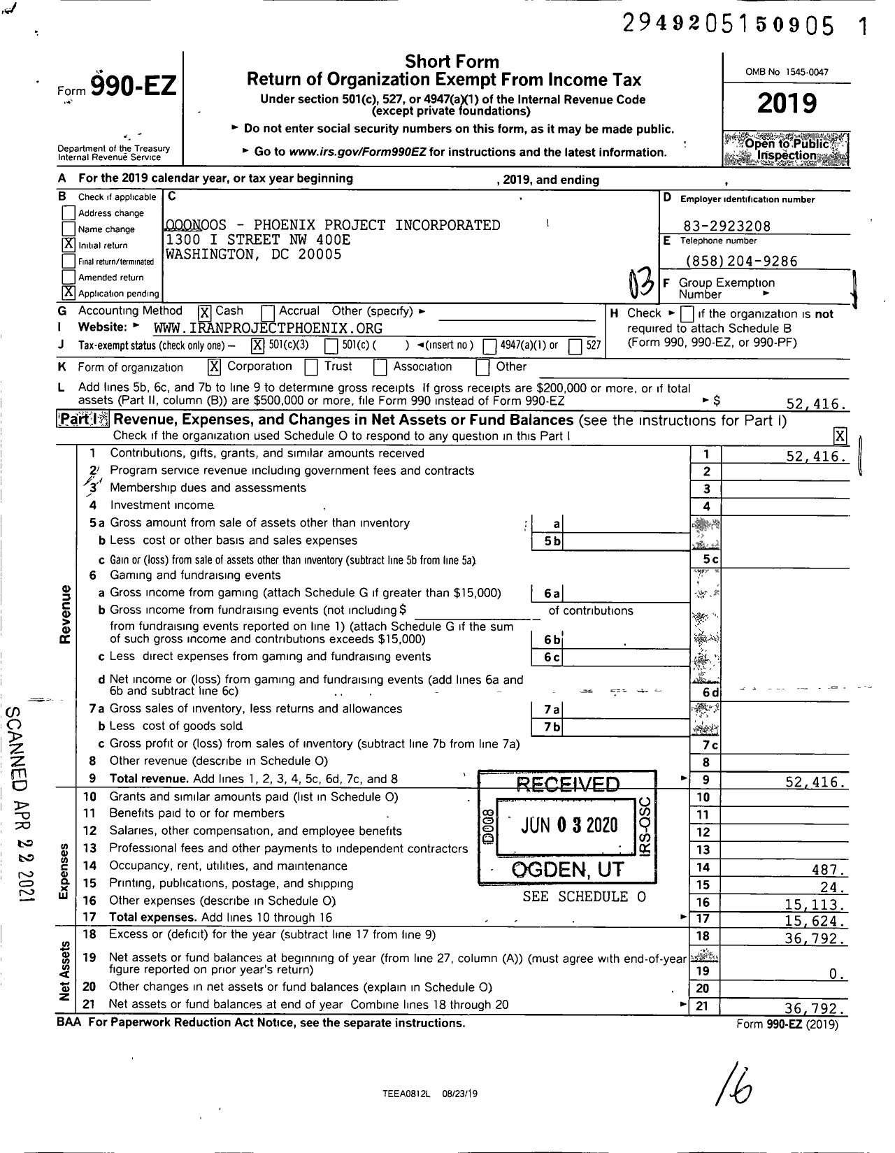 Image of first page of 2019 Form 990EZ for QOQNOOS - Phoenix Project Incorporated