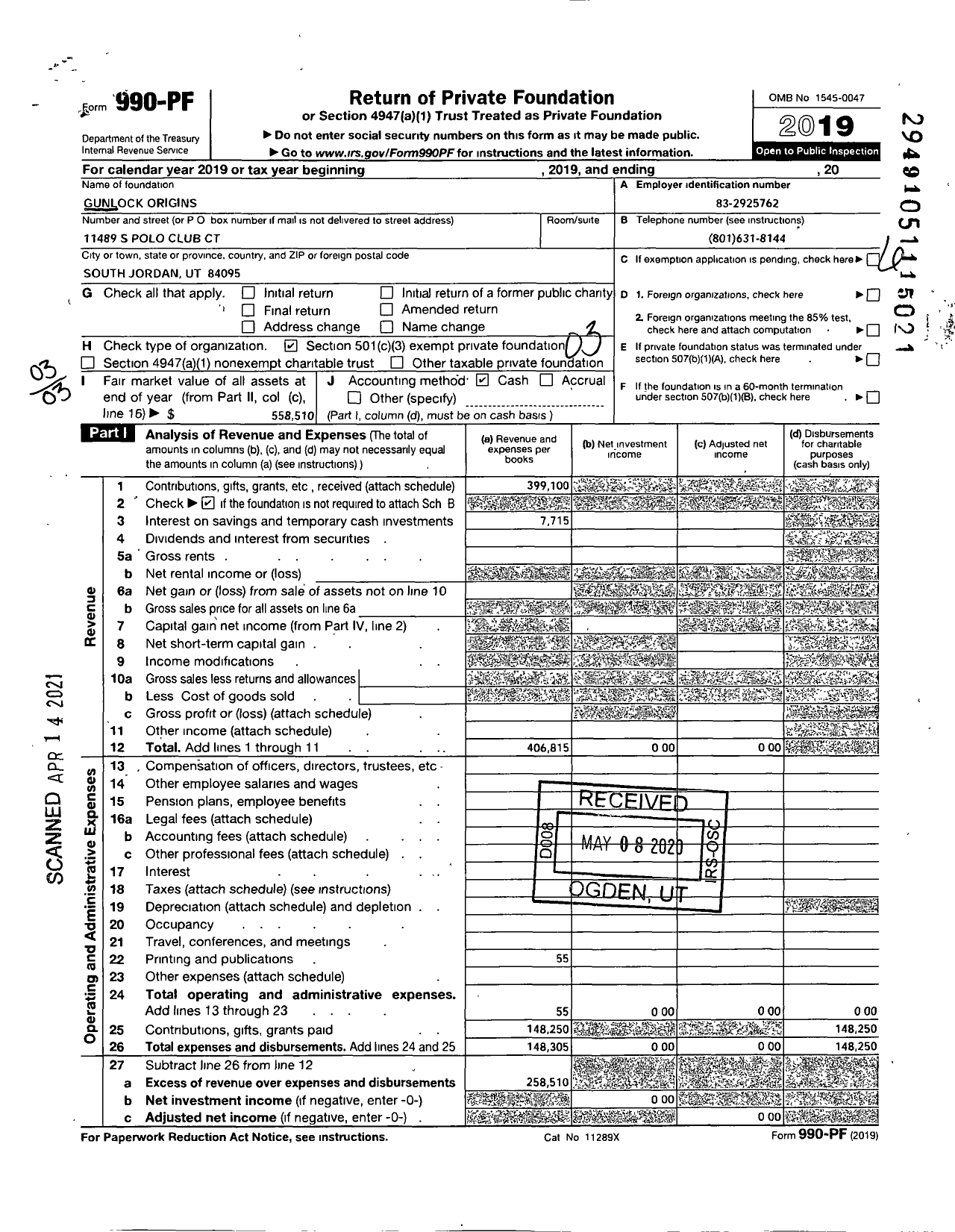 Image of first page of 2019 Form 990PF for Gunlock Origins