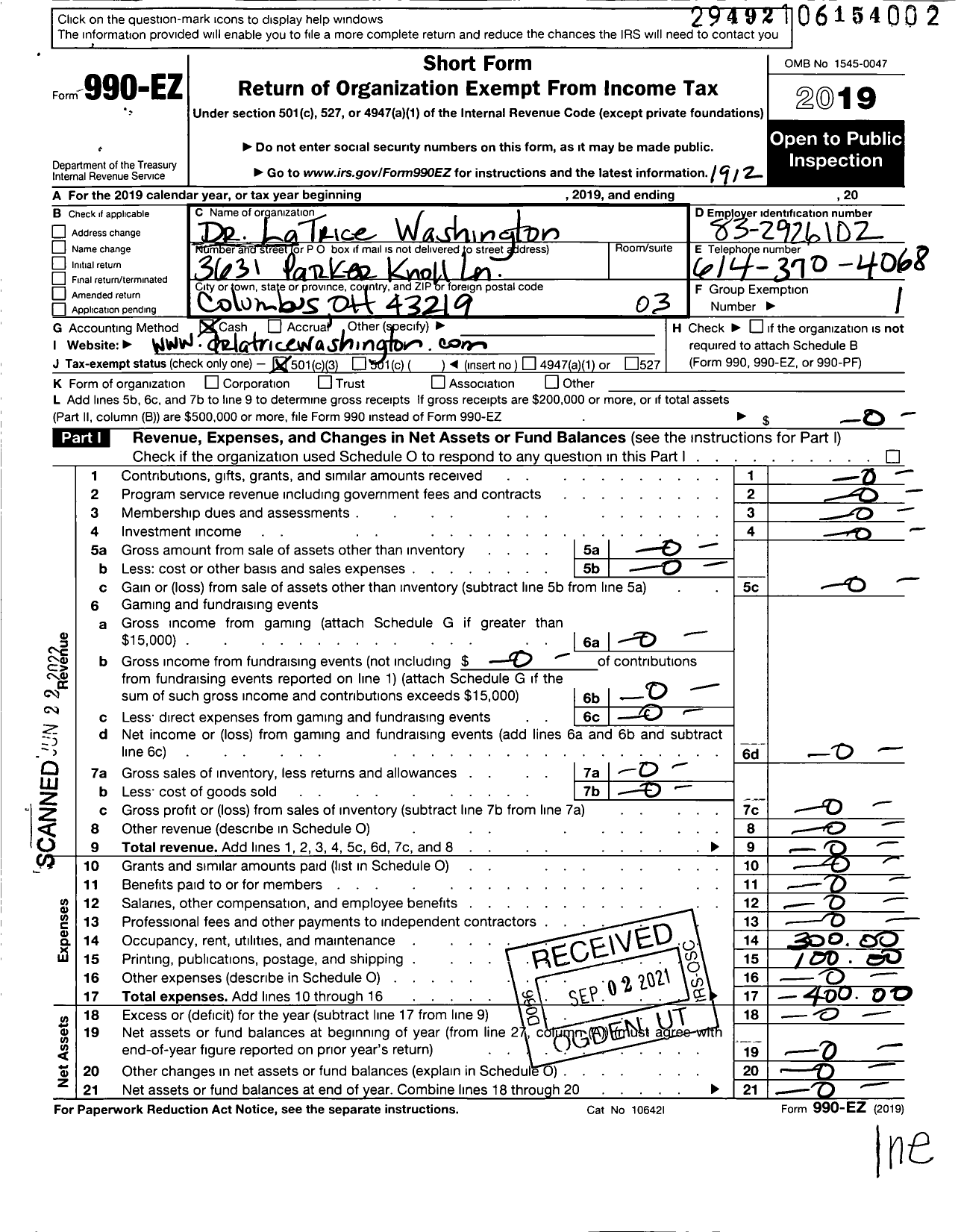 Image of first page of 2019 Form 990EZ for Dr La Trice Washington