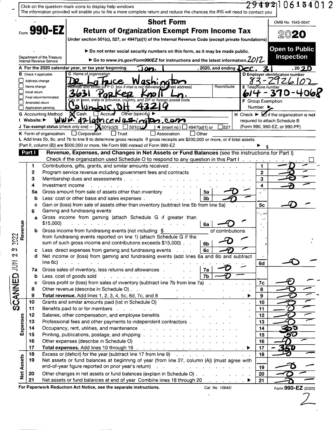 Image of first page of 2020 Form 990EZ for Dr La Trice Washington