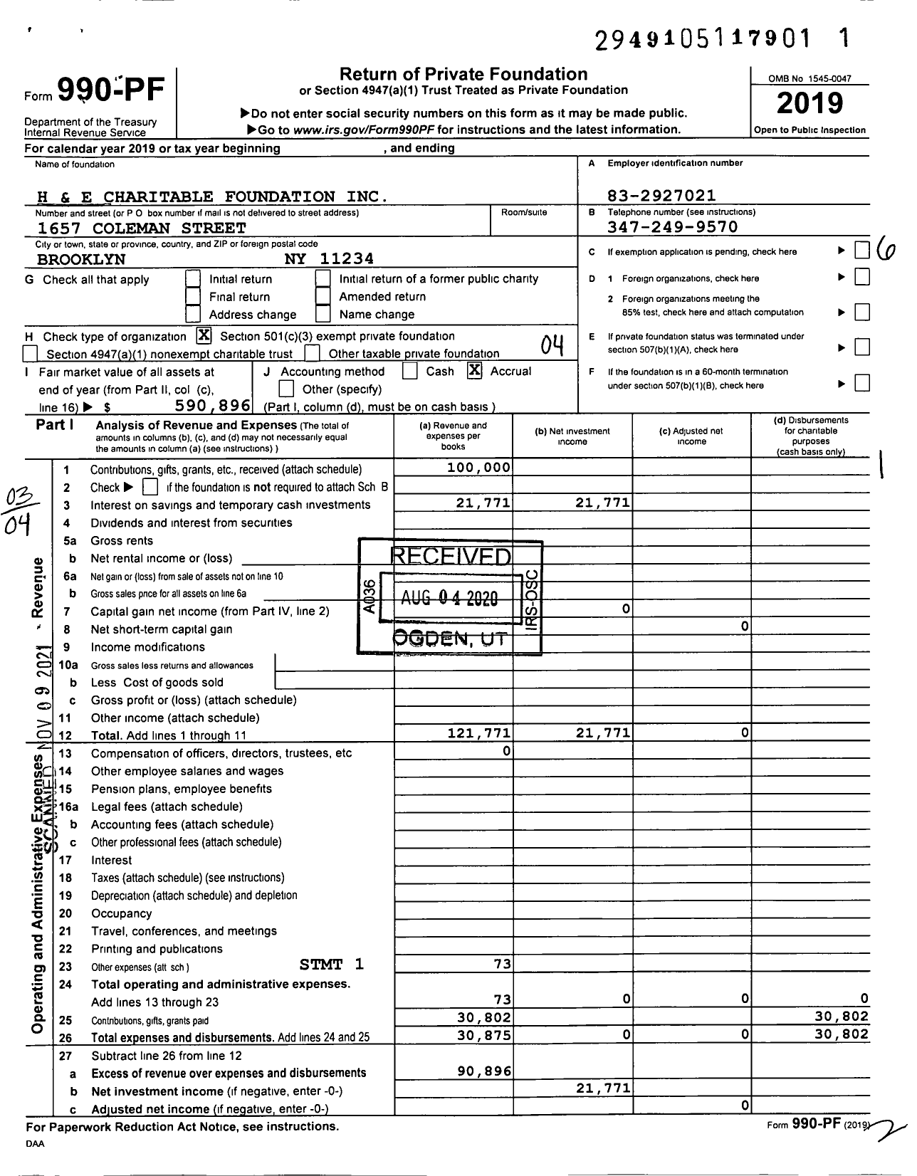 Image of first page of 2019 Form 990PF for H and E Charitable Foundation