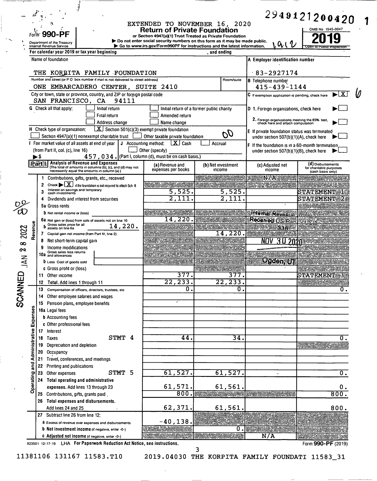 Image of first page of 2019 Form 990PF for The Korpita Family Foundation