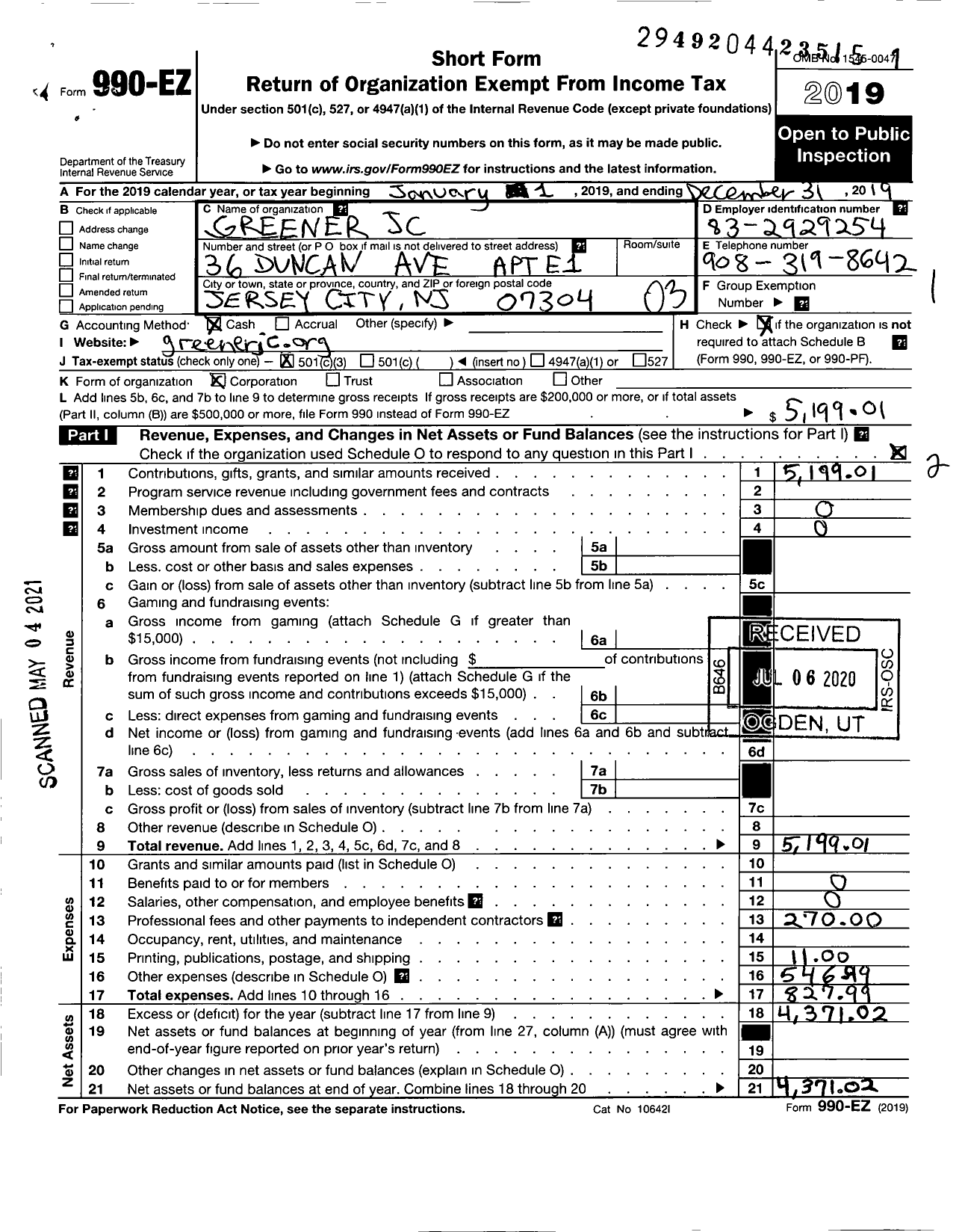 Image of first page of 2019 Form 990EZ for Greener JC